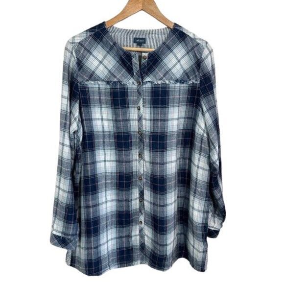 J. Jill Denim Blouse Tunic Top L Blue Plaid Roll Tab Sleeve Button Up Cotton - Picture 1 of 9